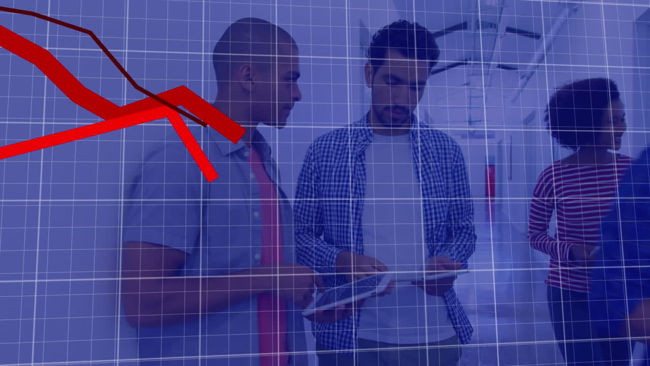 Animation of statistical data processing over two diverse men discussing over tablet at office