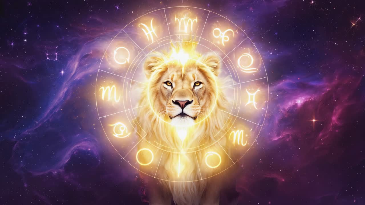 Lion with Zodiac Wheel in Cosmic Background