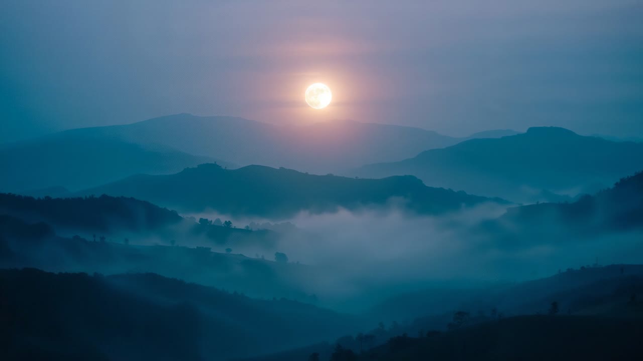 Rising glowing sun warming remote mountain ridges at dawn, with drifting mist accentuating contours
