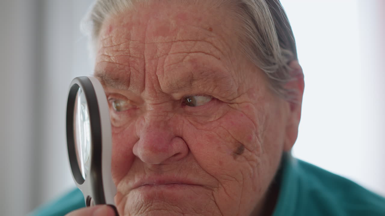 Elderly woman in green jacket holding magnifying glass close to her face, staring through lens with serious expression, focused gaze, sitting indoors, natural light shining from behind