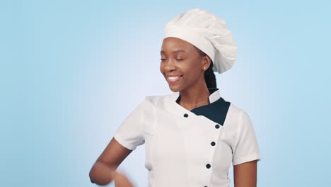 chef, happy black woman and point at palm gesture