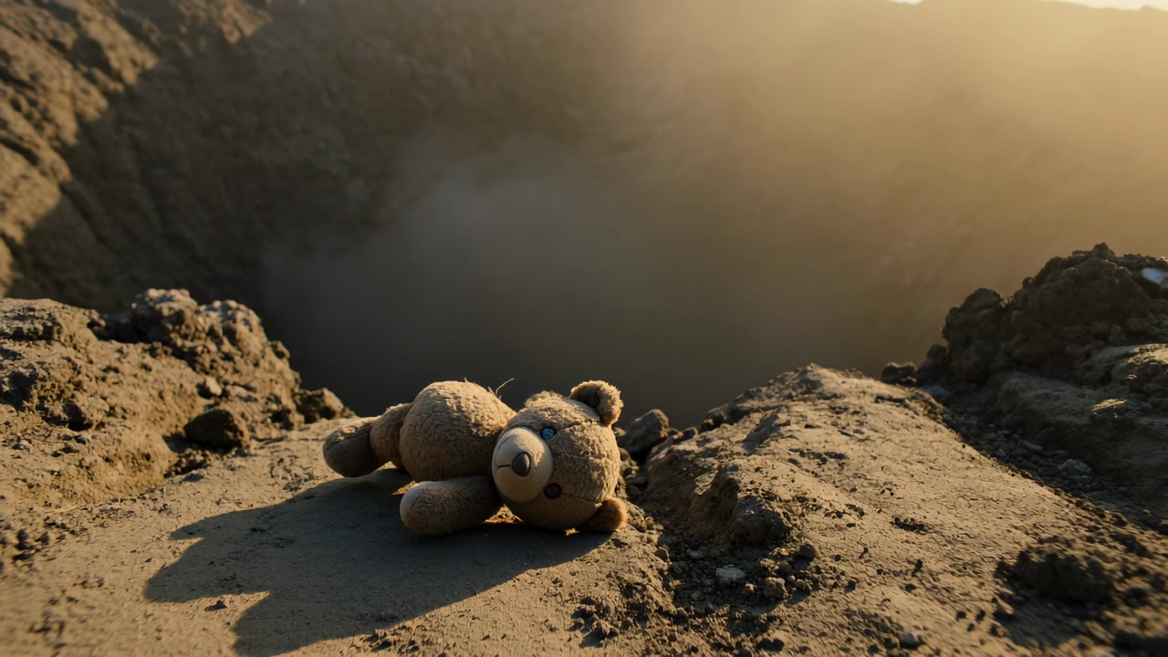 Una colonna di vapore che si forma mentre l'alba riscalda l'interno del cratere sul bordo roccioso, con un piccolo orsetto di peluche.