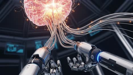 exploring the intersection of artificial intelligence and neural networks: a futuristic representation of robotic hands connecting with a brain-like structure