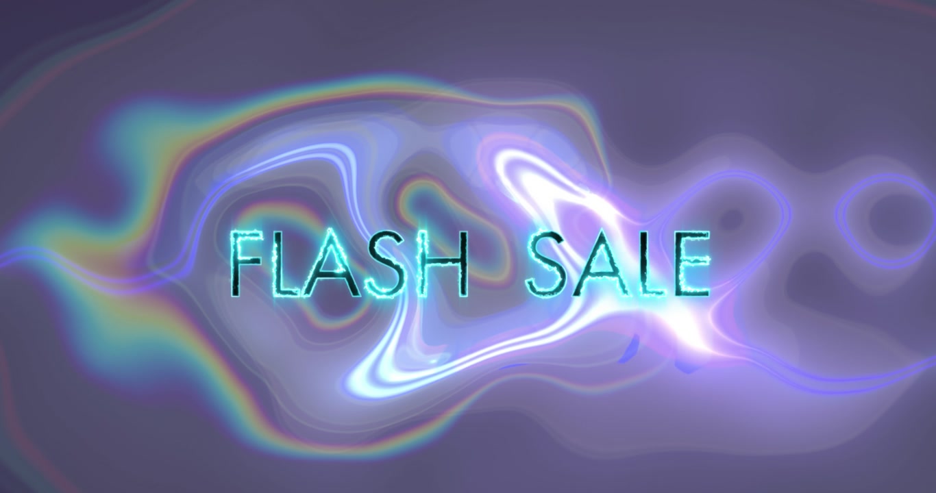 Animation of flash sale text over data processing on liquid background