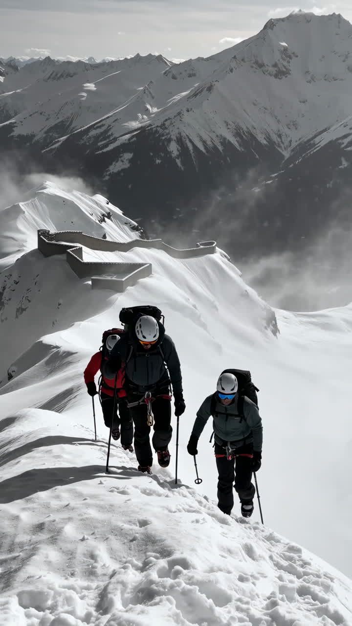 Mountaineers on a Snowy Ridge with Ancient Wall Structure