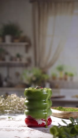 a slow-motion capture of a manicured hand gently releasing a strawberry into a layered matcha latte, creating a vibrant splash. ideal for viral social media content hook with natural, fresh vibes.