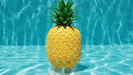 a vibrant pineapple floating gracefully in crystal clear aquamarine water, evoking a sense of tropical bliss and refreshment under a bright sunlit sky
