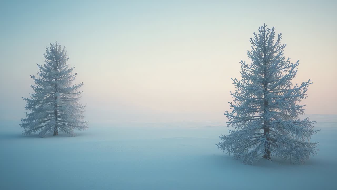 Sollys som lyser opp to frostdekte, eviggrønne trær på en sletteslette med snø, med tåke og kopieringsplass