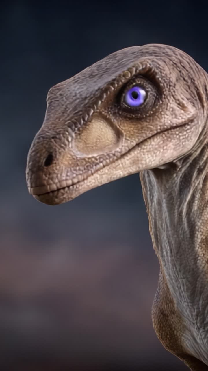 Primo piano di un dinosauro dal design realistico con caratteristiche sorprendenti, che mostra texture intricate e un vivido colore degli occhi in uno stile artistico dinamico.