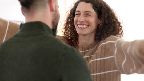 couple hug, woman welcome man in home