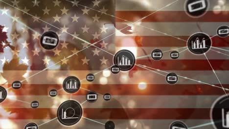 animation of connected graph and phone icons over flag of america and falling autumn leaves