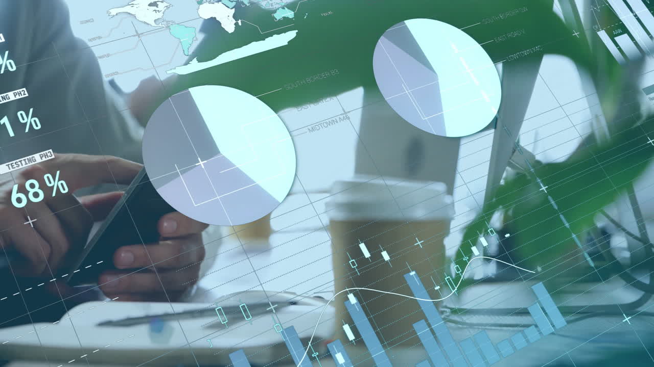 스마트폰을 사용하는 카우카스계 사업가에 대한 금융 데이터 처리 애니메이션