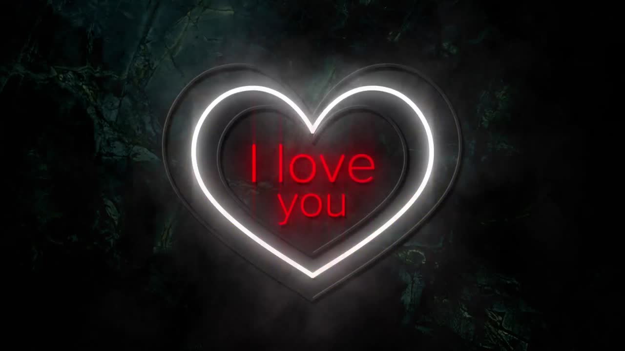 Animation of i love you in red with white and yellow concentric neon hearts flashing on dark wall