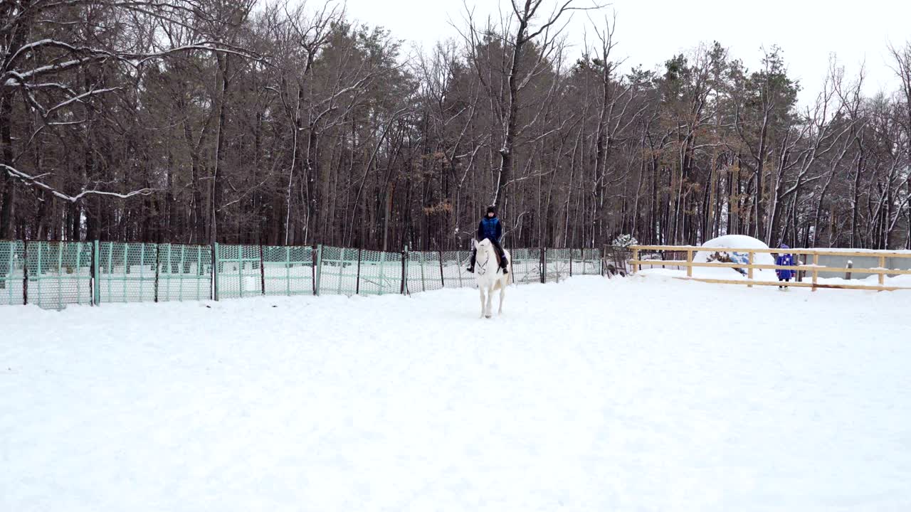 소녀는 에서 말을 타고, 조키 소녀는 말을 훈련시니다. 조용한 겨울 구름이 많은 날, 약간의 눈이 떨어집니다.