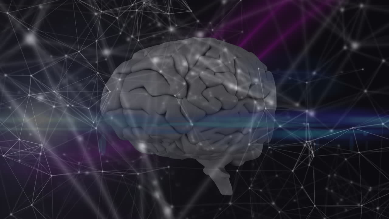 red de conexiones contra el cerebro humano y rastros de luz en fondo negro