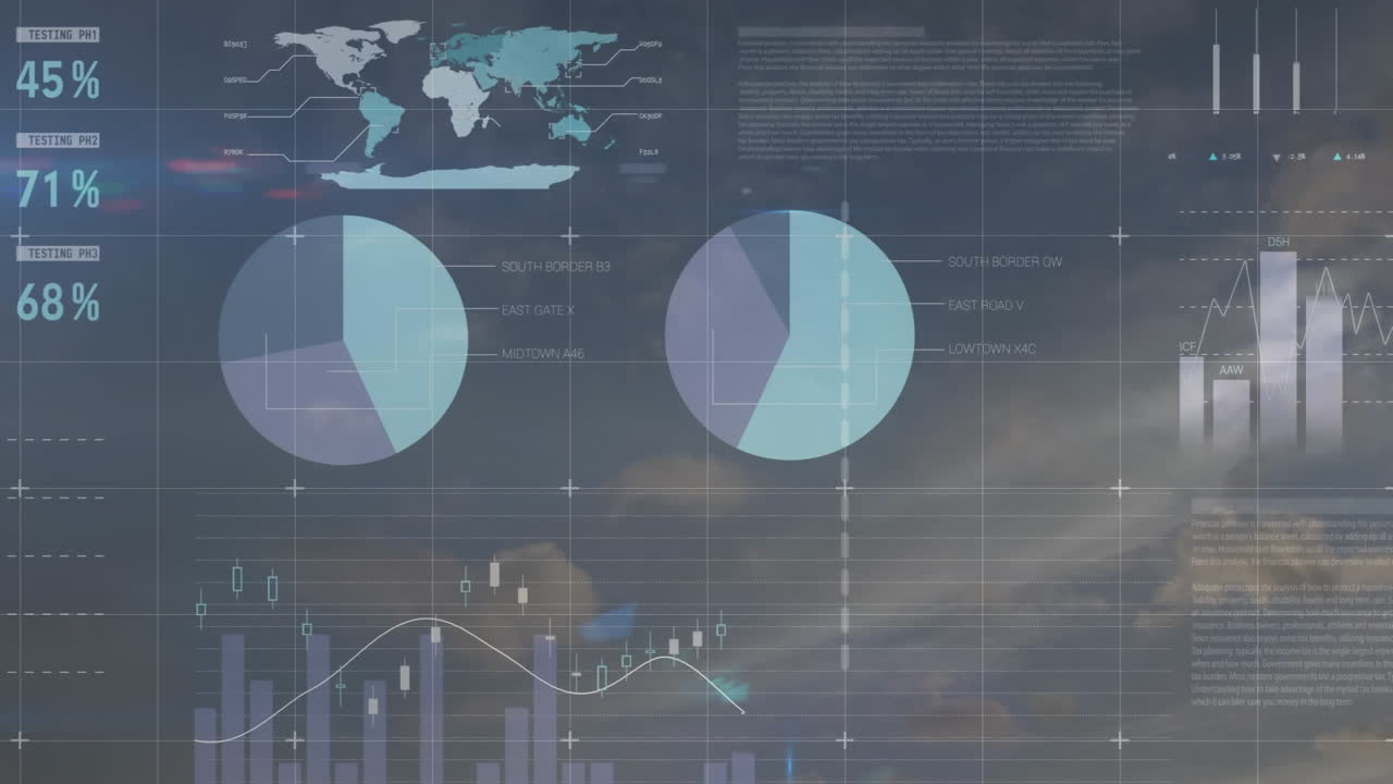 Animation of statistics processing over clouds and sky