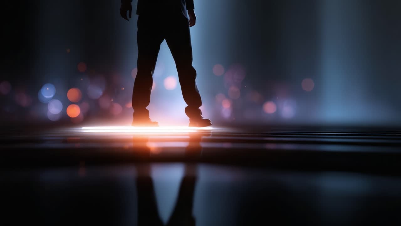 A silhouette of a person stands on a glowing platform amidst a bokeh background of vibrant lights, capturing a moment of introspection and presence