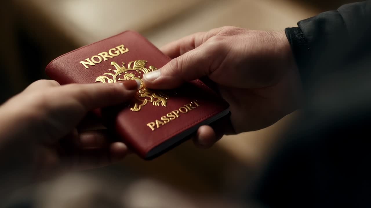 Nabídka pravé ruky v tmavém rukávu prezentující pas NORGE, levá ruka se dotýká znaku pro ID na pohovce