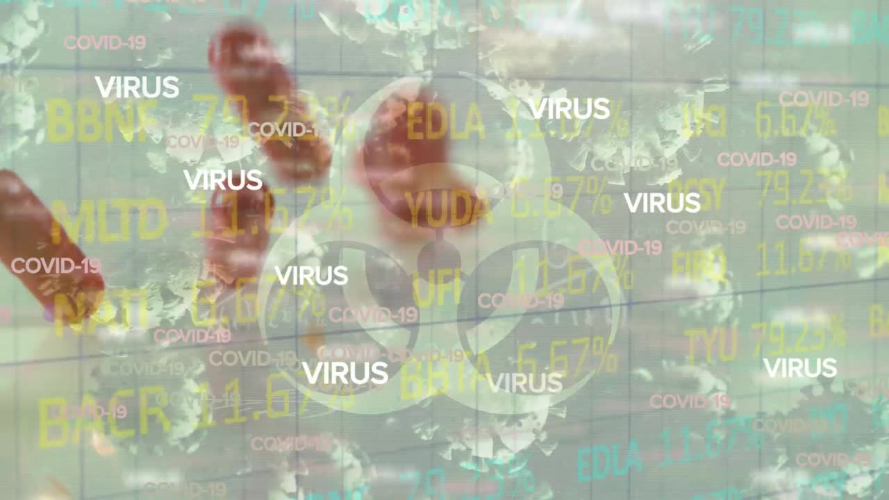 animación de virus, riesgos biológicos y píldoras sobre datos financieros
