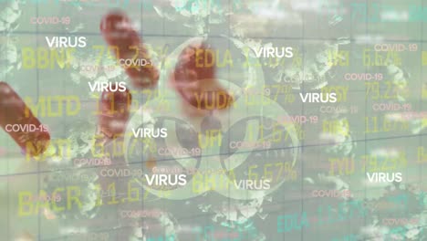 Animation-of-virus,-biohazard-and-pills-over-financial-data