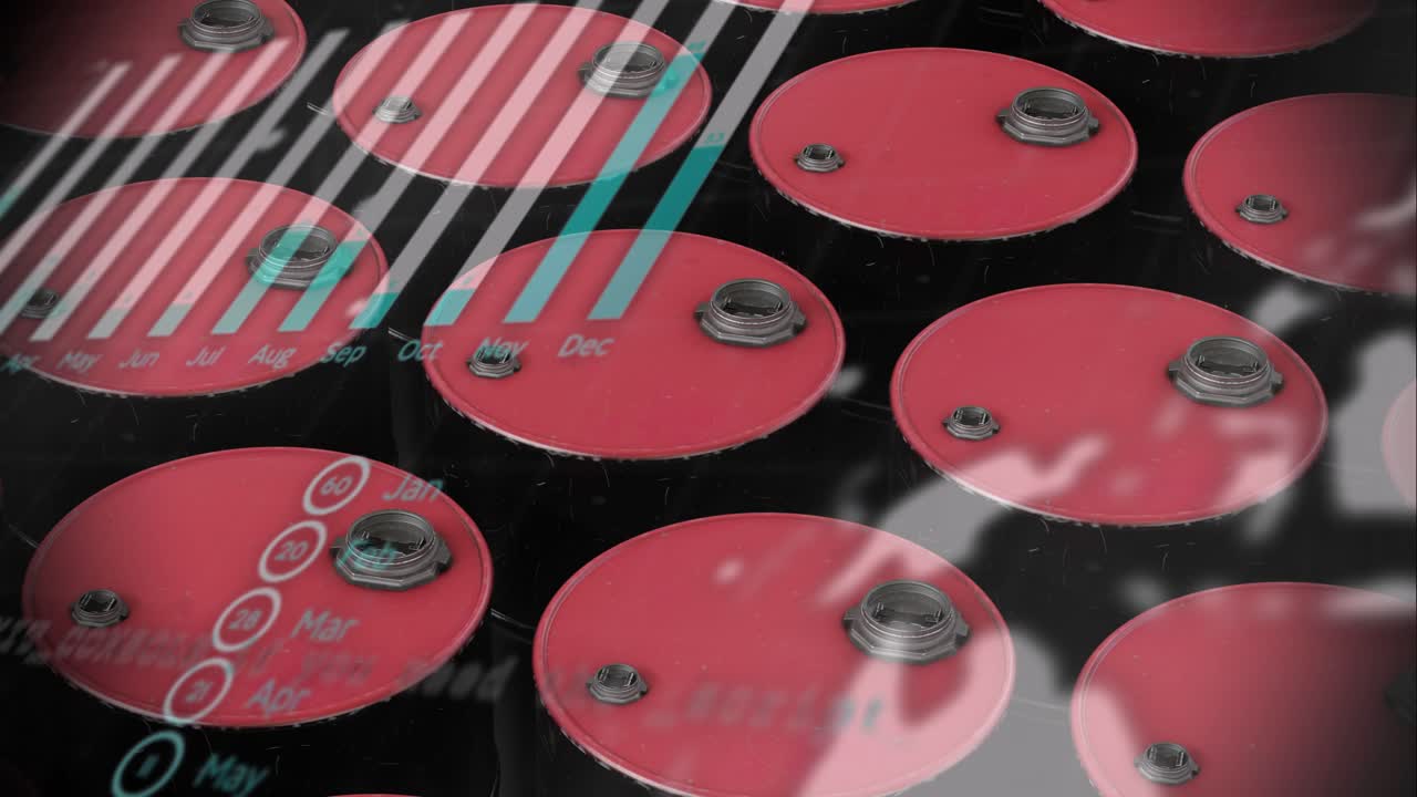 Animation of graph with data processing over barrels on black background