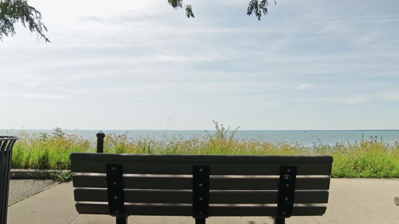 여름날 자전거를 타는 동안 호수 옆의 공원 벤치