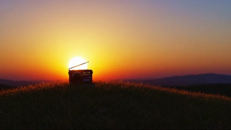 a radiant sunset over rolling hills with a vintage radio silhouette, capturing the serene beauty of nature and nostalgic moments in the glow of twilight