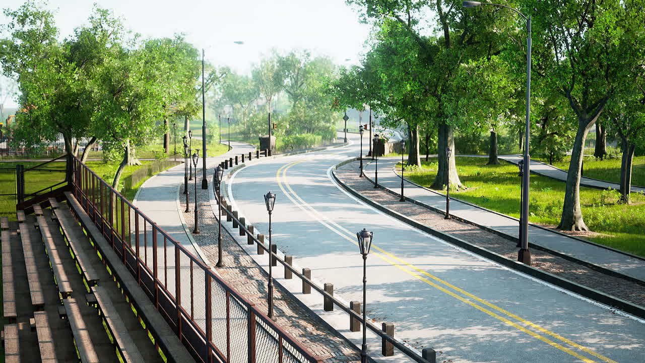 나무 가 있는 도시 의 비어 있는 아스팔트 도로