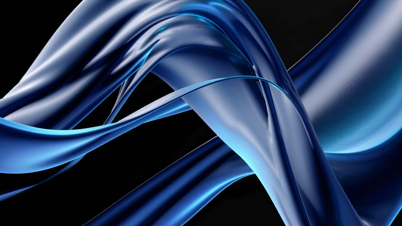 Dynamic video still of flowing blue ribbons in abstract style, captured from a low-angle
