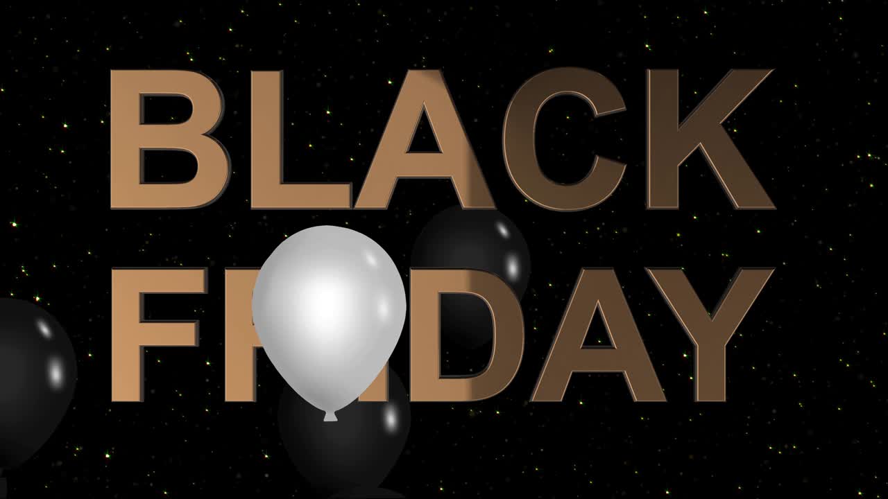 anuncio de viernes negro con letrero dorado y globos blancos y negros, fondo animación 4k bucle sin costuras