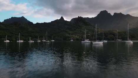 many sailing yachts anchored in the sheltered bay of moorea island in french polynesia with spectacular lush tropical mountains