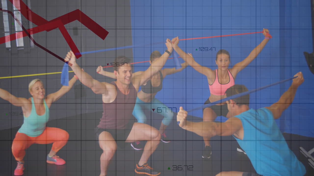 Group performing resistance band squats in fitness studio, showing animated financial line graphs