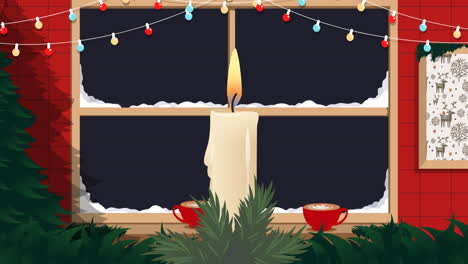 animation of candle over window and christmas fairy lights