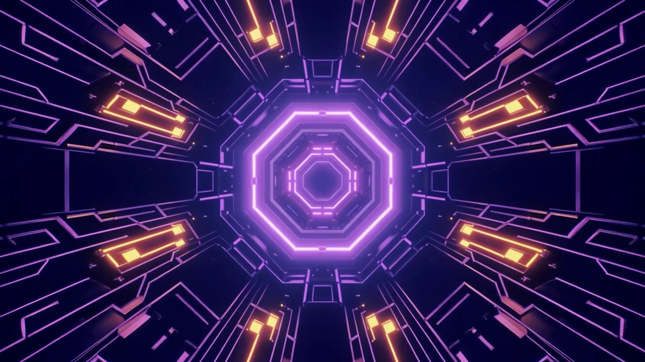Volando attraverso un tunnel di luce ottagonale al neon futuristico