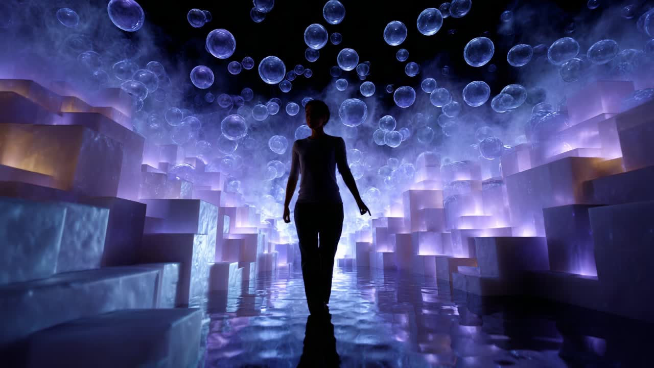 A solitary figure walks through a mesmerizing environment filled with ethereal bubbles and illuminated geometric structures, creating an enchanting atmosphere that blends light and shadow in a dreamlike experience
