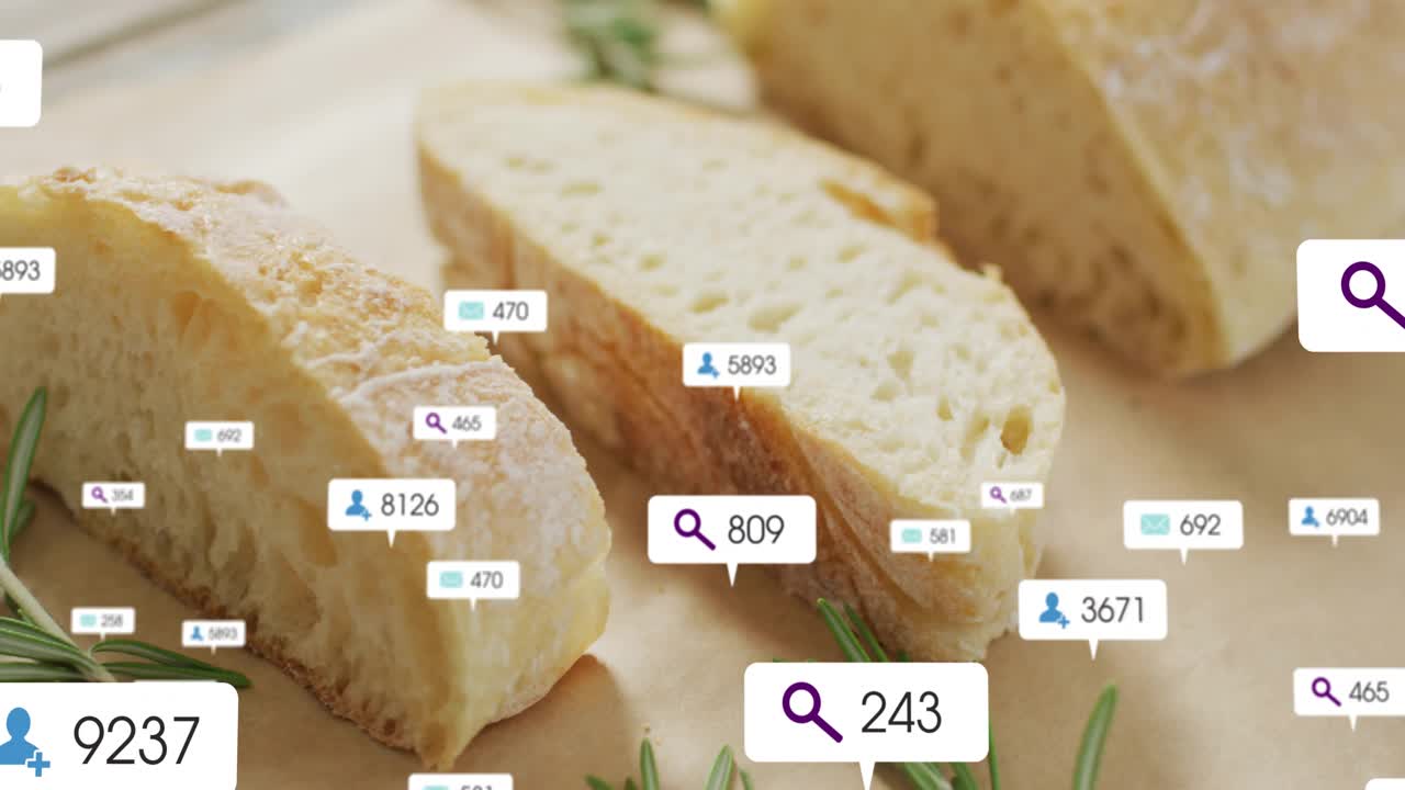Opening scene featuring bread slices generating data icons rising into network showing engagement