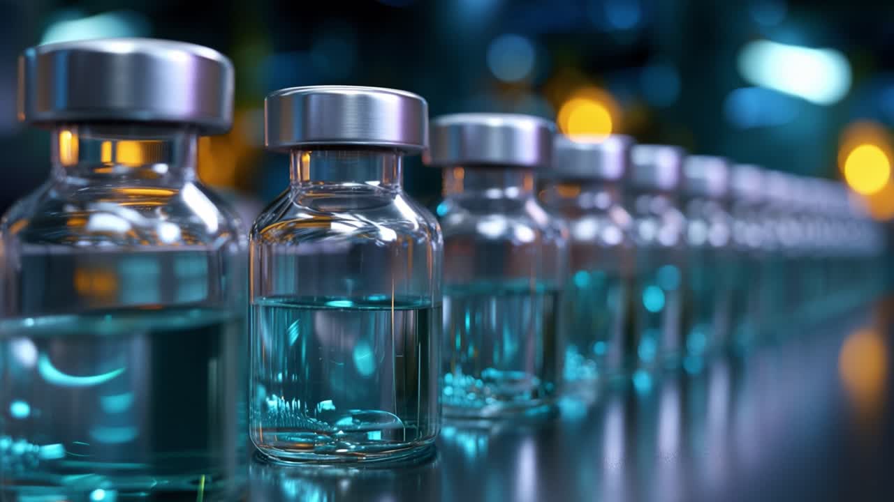 File di fiale di vetro trasparenti piene di liquido, che mostrano un ambiente di laboratorio scientifico con elementi di sfondo illuminati, enfatizzando la produzione e la sterilizzazione.