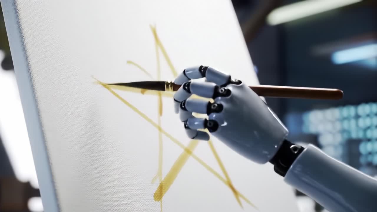A Captivating Robotic Arm Painting a Golden Star on Canvas, Showcasing the Intersection of Technology and Artistry Through Innovative Creation