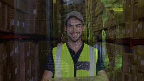 animación del globo sobre feliz trabajador de almacén caucásico