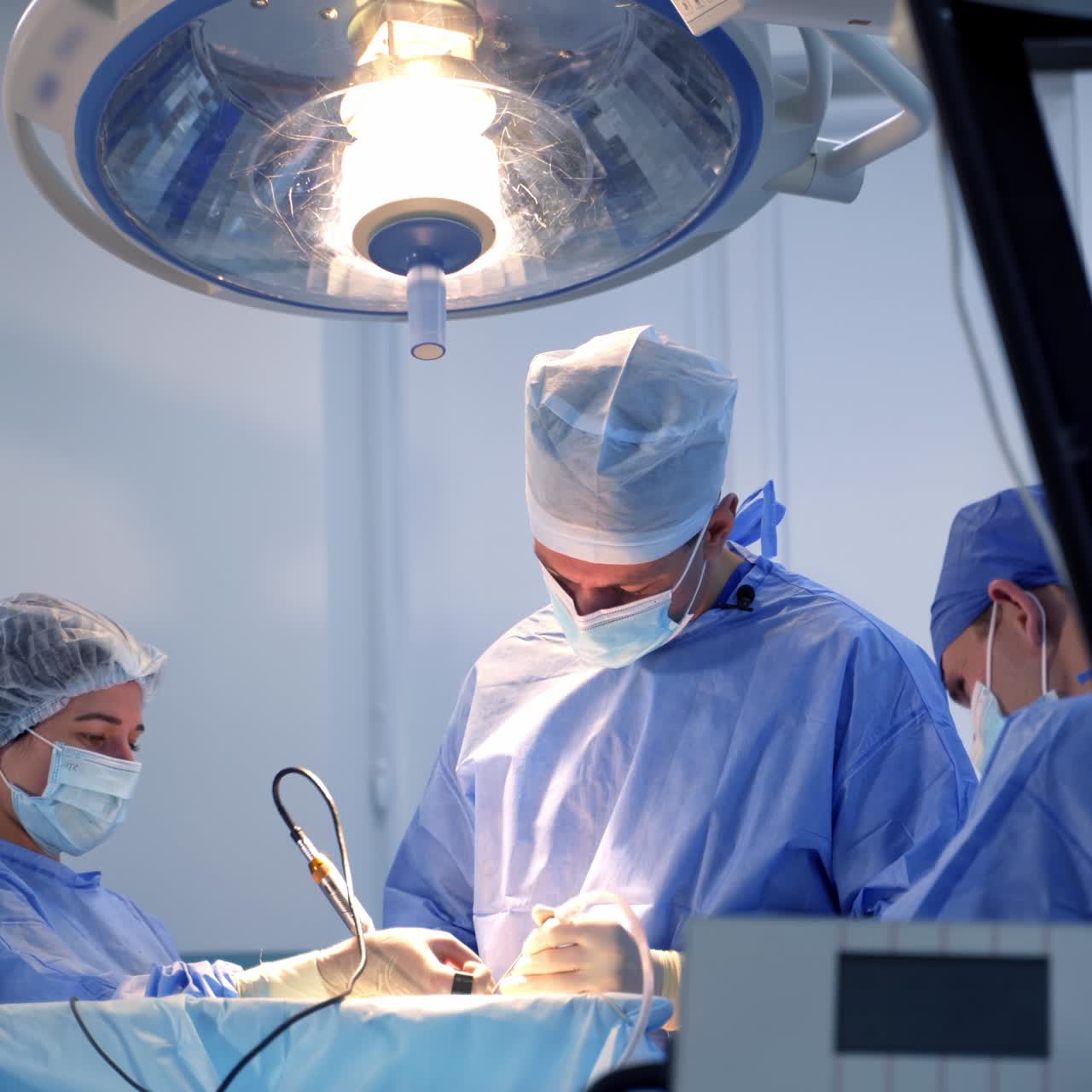 Emergency healthcare doctor in uniform and mask. Neurosurgery specialist with assistant operating