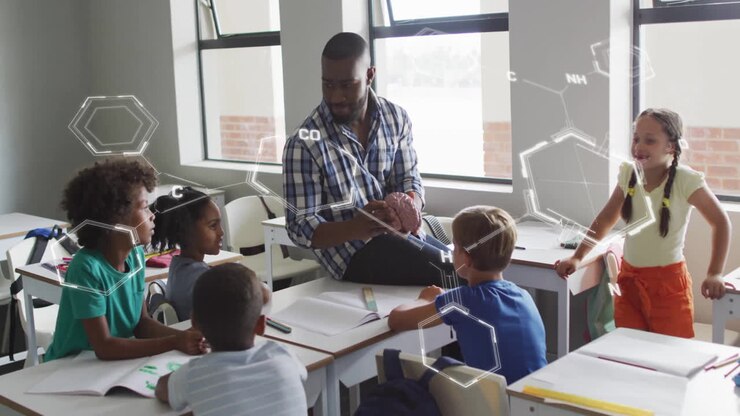 Animation of chemical formula over diverse schoolchildren learning with male teacher in classroom