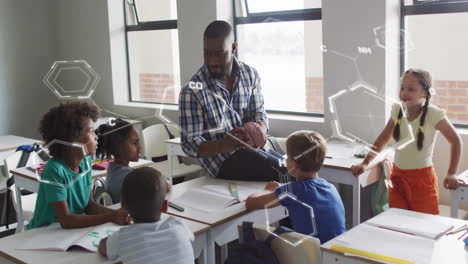 animation of chemical formula over diverse schoolchildren learning with male teacher in classroom