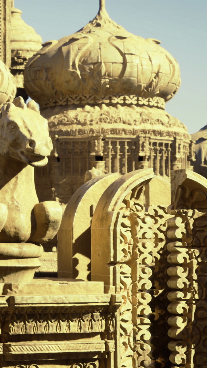 Majestic stone sculptures of ancient architecture under bright sunlight
