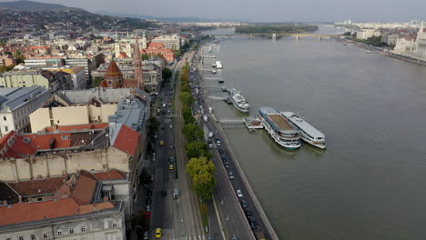 budapest and danube river in drone view cloudy day