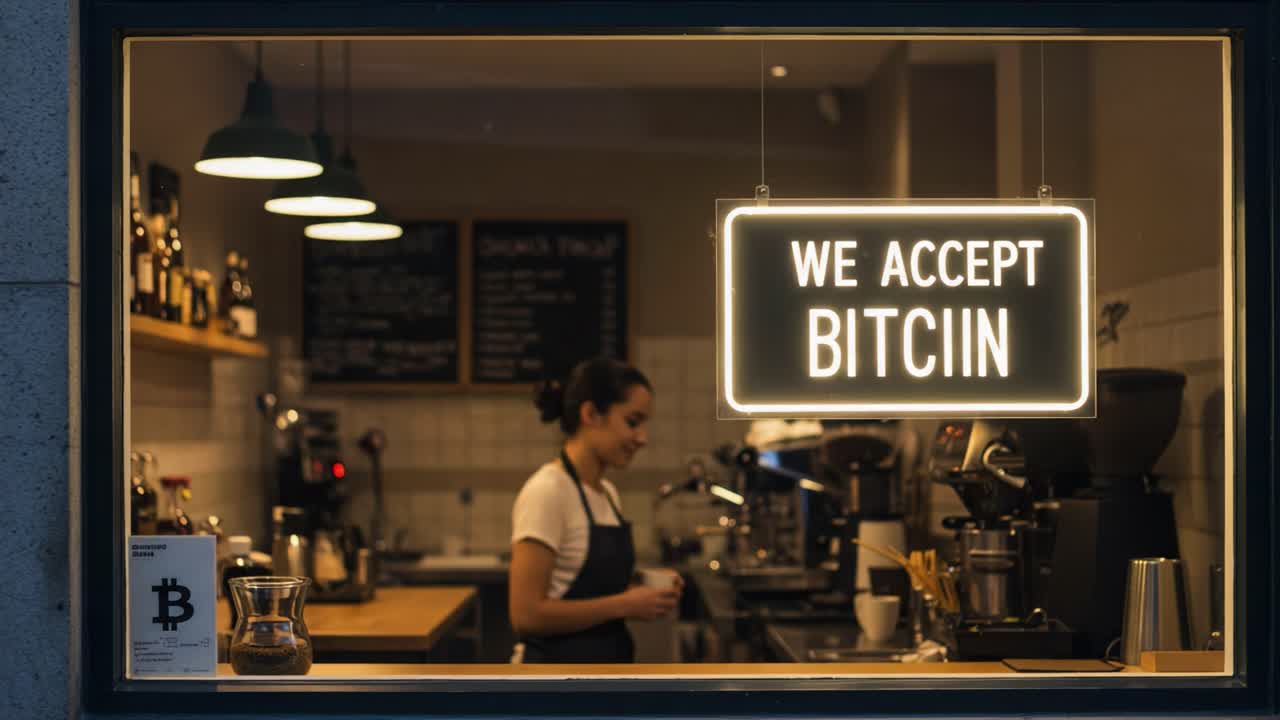 A Modern Coffee Shop Embracing Cryptocurrency with a Bright 'We Accept Bitcoin' Sign in the Window, Highlighting the Trend of Digital Payments in Local Cafés
