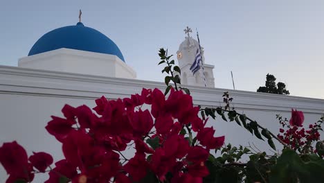 Rote-Blume-Weht-Im-Wind-Vor-Dem-Blauen-Kirchengebäude-In-Griechenland