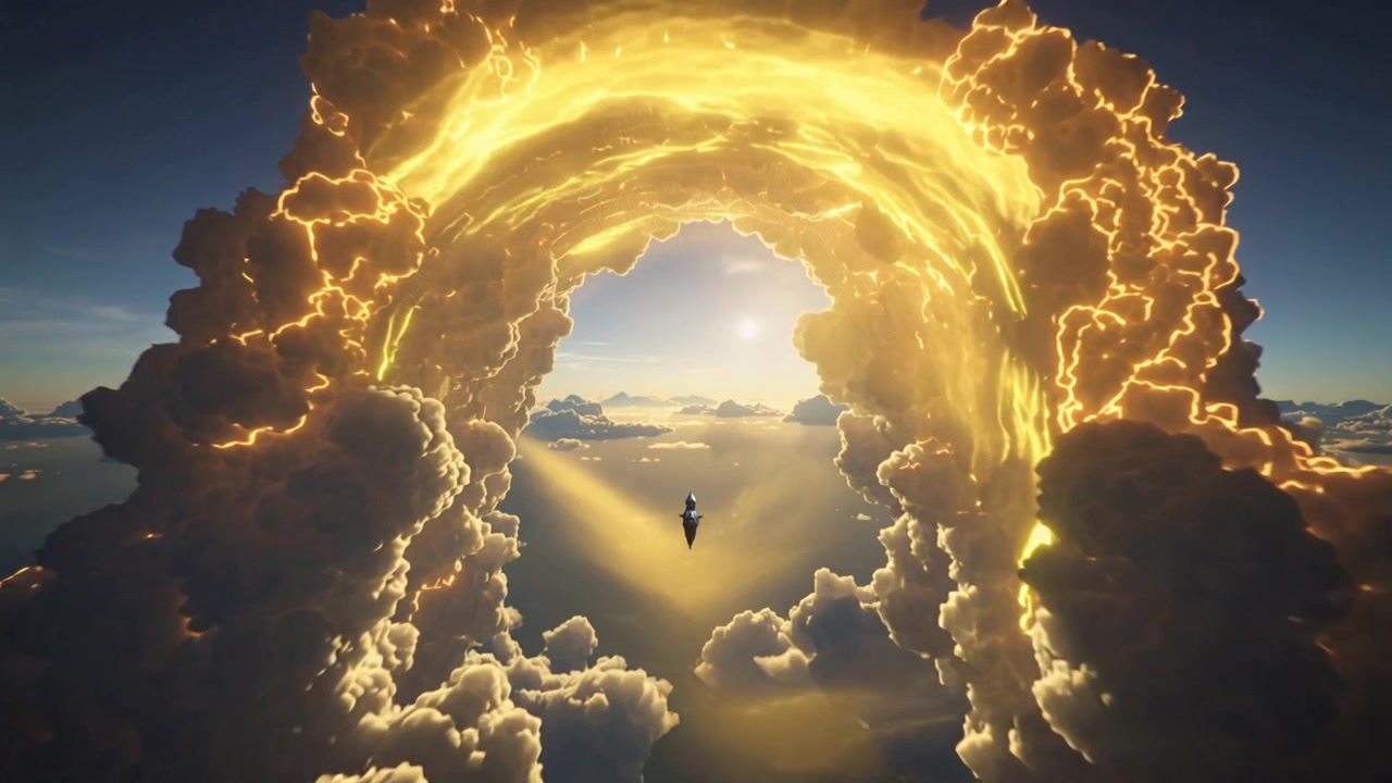 Glowing ring opening, solo pilot steering small boat sailing through surreal sky toward portal