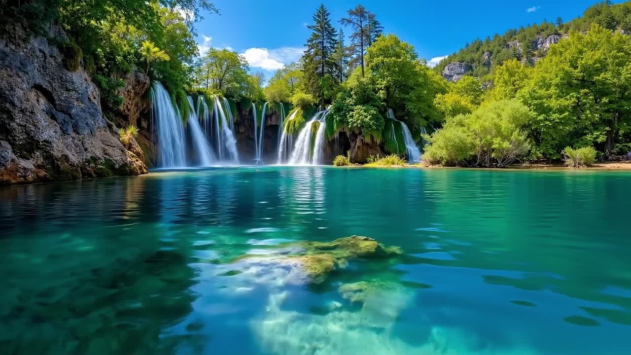 A large waterfall in the middle of a body of water surrounded by trees