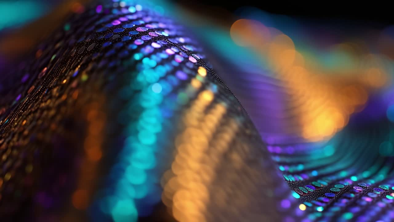 Superficie colorata e ondulata pulsa di luce iridescente. Sfondo con bokeh delicato esalta la texture luminosa. Onde digitali astratte evocano un movimento futuristico. Ideale per concetti di tecnologia, scienza o design