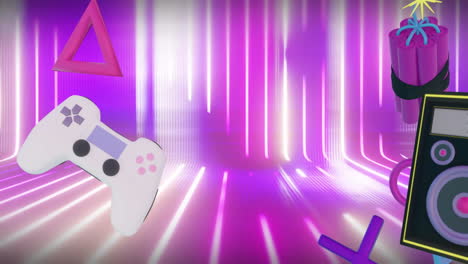 animation of game controllers, equipment and icons over purple and white moving neon lines